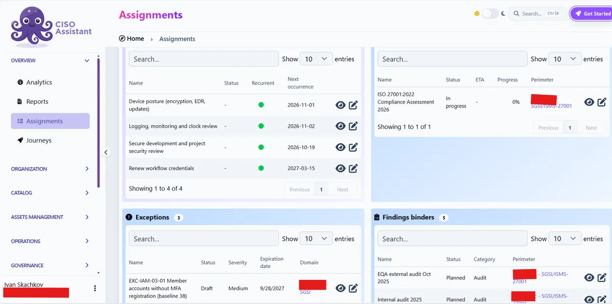 Página Assignments de CISO Assistant con tareas próximas, auditorías, excepciones y carpetas de hallazgos