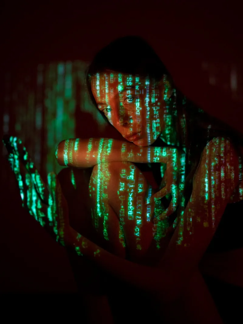 Person accessing sensitive data on mobile device in low-light environment