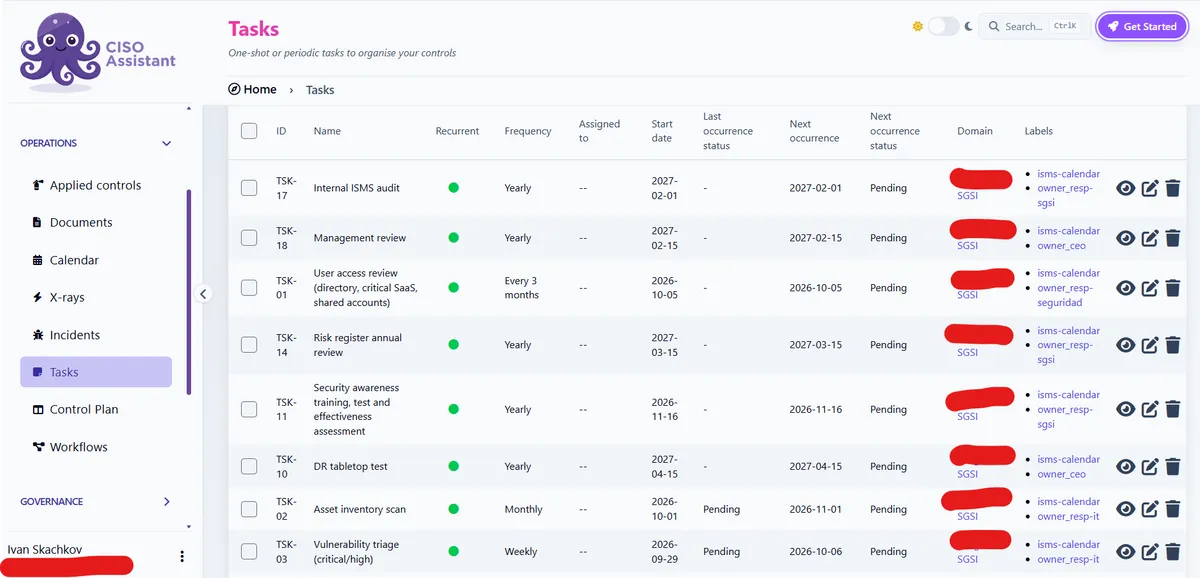 Lista de Tasks de CISO Assistant con tareas recurrentes, frecuencias y fechas de la próxima ocurrencia